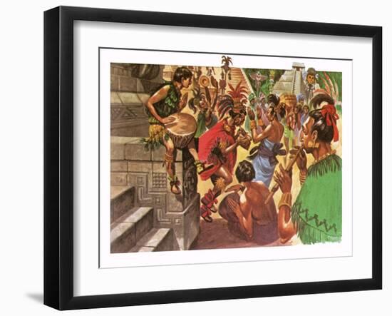 Mayan Natives Dancing and Making Music in Front of a Temple-Peter Jackson-Framed Giclee Print