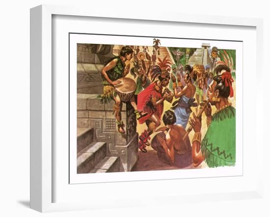 Mayan Natives Dancing and Making Music in Front of a Temple-Peter Jackson-Framed Giclee Print