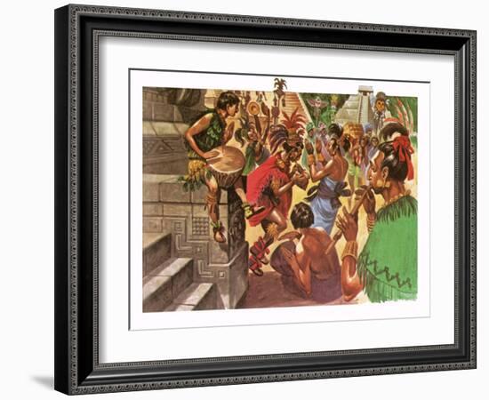 Mayan Natives Dancing and Making Music in Front of a Temple-Peter Jackson-Framed Giclee Print