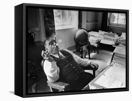 Mayor Fiorello LaGuardia Blowing Smoke Rings Sitting at Desk in His Office-William C^ Shrout-Framed Premier Image Canvas