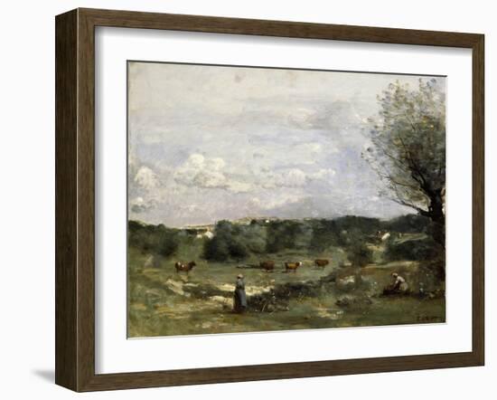 Meadow with Cows, a Willow on the Right and a Distant Village-Jean-Baptiste-Camille Corot-Framed Giclee Print
