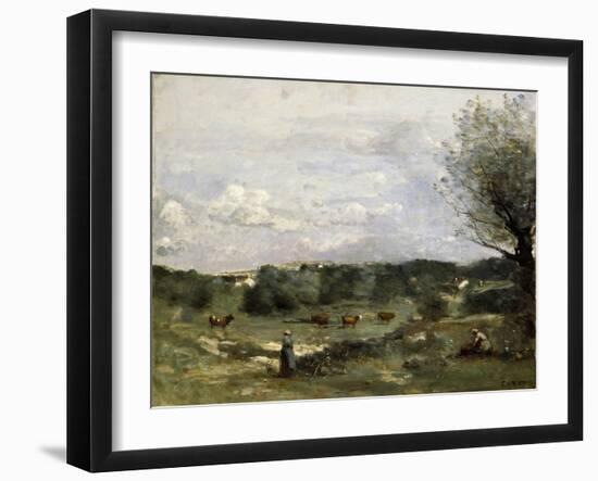 Meadow with Cows, a Willow on the Right and a Distant Village-Jean-Baptiste-Camille Corot-Framed Giclee Print