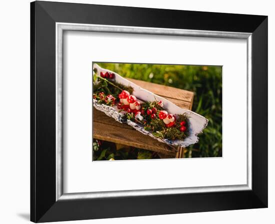 meadow, wooden box, autumnal decoration, rose hips, mushrooms, moss, detail,-mauritius images-Framed Photographic Print