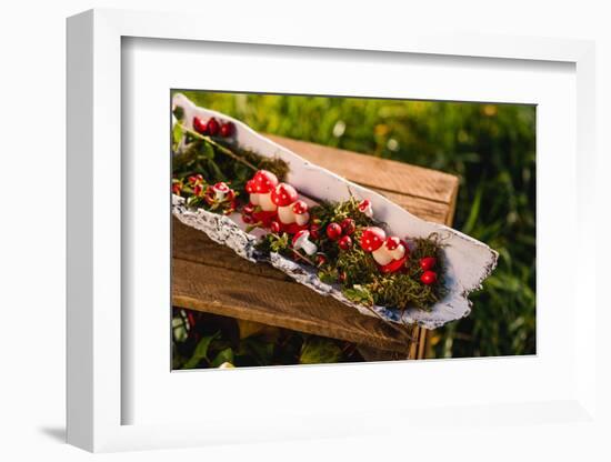 meadow, wooden box, autumnal decoration, rose hips, mushrooms, moss, detail,-mauritius images-Framed Photographic Print