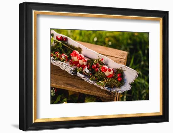 meadow, wooden box, autumnal decoration, rose hips, mushrooms, moss, detail,-mauritius images-Framed Photographic Print