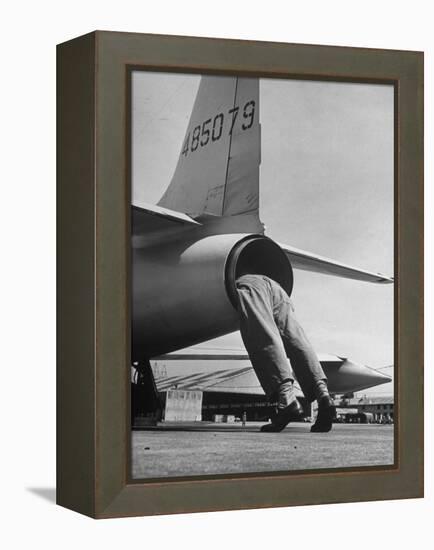 Mechanic Climbing Into Tailpipe to Check Clearance Between Turbine Wheel Bucket Tips and rug-Charles E^ Steinheimer-Framed Premier Image Canvas