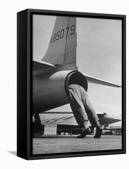 Mechanic Climbing Into Tailpipe to Check Clearance Between Turbine Wheel Bucket Tips and rug-Charles E^ Steinheimer-Framed Premier Image Canvas