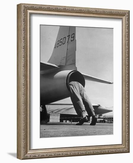 Mechanic Climbing Into Tailpipe to Check Clearance Between Turbine Wheel Bucket Tips and rug-Charles E^ Steinheimer-Framed Photographic Print
