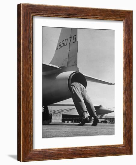Mechanic Climbing Into Tailpipe to Check Clearance Between Turbine Wheel Bucket Tips and rug-Charles E^ Steinheimer-Framed Photographic Print