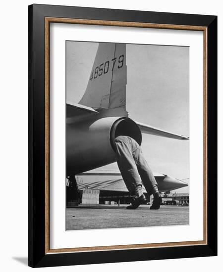 Mechanic Climbing Into Tailpipe to Check Clearance Between Turbine Wheel Bucket Tips and rug-Charles E^ Steinheimer-Framed Photographic Print