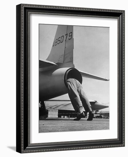 Mechanic Climbing Into Tailpipe to Check Clearance Between Turbine Wheel Bucket Tips and rug-Charles E^ Steinheimer-Framed Photographic Print