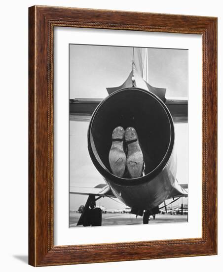 Mechanic Climbing Into Tailpipe to Check Clearance Between Turbine Wheel Bucket Tips and rug-Charles E^ Steinheimer-Framed Photographic Print