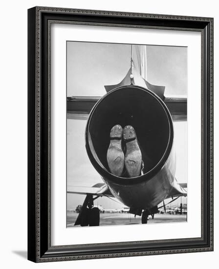 Mechanic Climbing Into Tailpipe to Check Clearance Between Turbine Wheel Bucket Tips and rug-Charles E^ Steinheimer-Framed Photographic Print