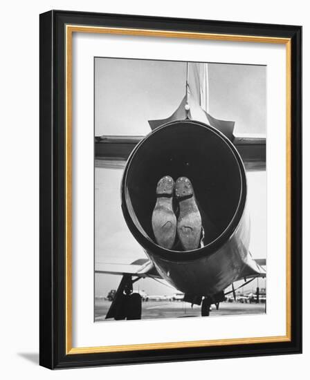 Mechanic Climbing Into Tailpipe to Check Clearance Between Turbine Wheel Bucket Tips and rug-Charles E^ Steinheimer-Framed Photographic Print