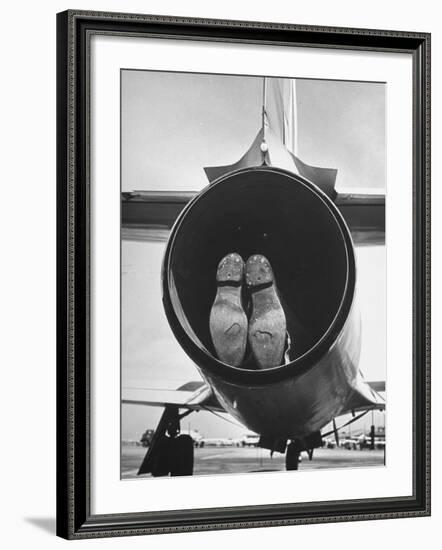 Mechanic Climbing Into Tailpipe to Check Clearance Between Turbine Wheel Bucket Tips and rug-Charles E^ Steinheimer-Framed Photographic Print