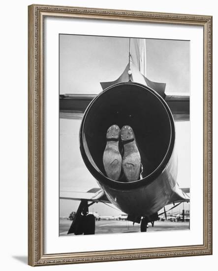 Mechanic Climbing Into Tailpipe to Check Clearance Between Turbine Wheel Bucket Tips and rug-Charles E^ Steinheimer-Framed Photographic Print