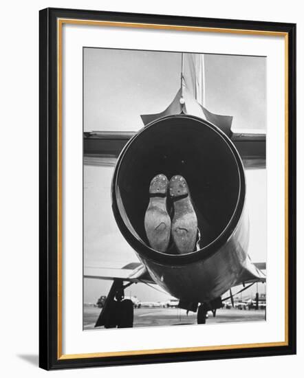 Mechanic Climbing Into Tailpipe to Check Clearance Between Turbine Wheel Bucket Tips and rug-Charles E^ Steinheimer-Framed Photographic Print