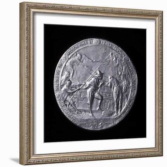 Medal Showing Henry Hudson Ascending the Hudson River to Albany in 1609-null-Framed Photographic Print