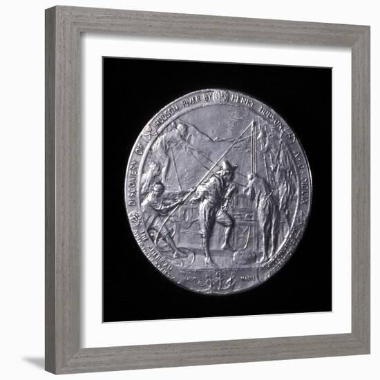 Medal Showing Henry Hudson Ascending the Hudson River to Albany in 1609-null-Framed Photographic Print