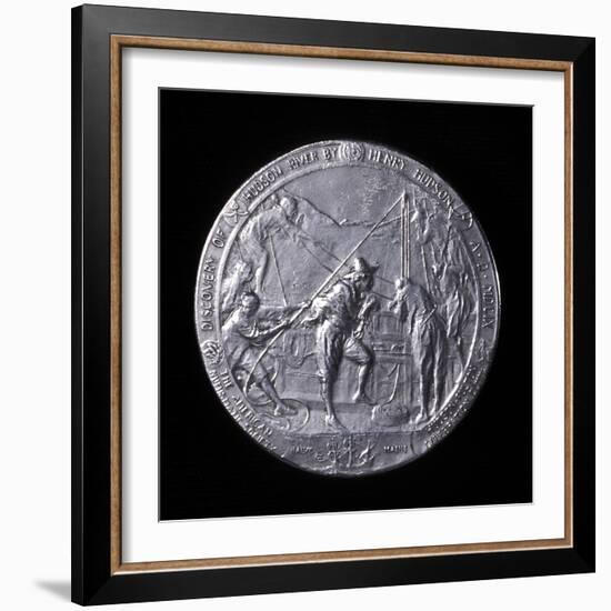 Medal Showing Henry Hudson Ascending the Hudson River to Albany in 1609-null-Framed Photographic Print