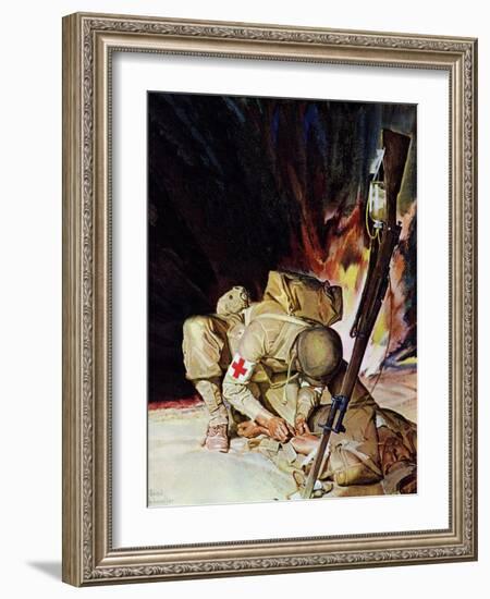 "Medic Treating Injured in Field," March 11, 1944-Mead Schaeffer-Framed Giclee Print