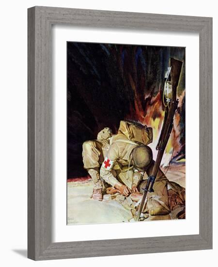 "Medic Treating Injured in Field," March 11, 1944-Mead Schaeffer-Framed Giclee Print