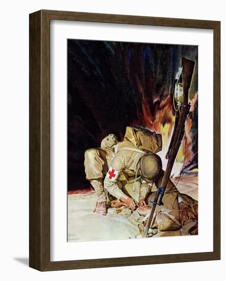 "Medic Treating Injured in Field," March 11, 1944-Mead Schaeffer-Framed Giclee Print