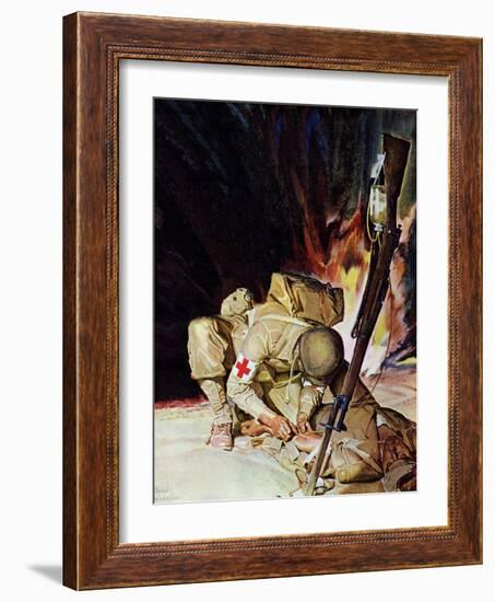 "Medic Treating Injured in Field," March 11, 1944-Mead Schaeffer-Framed Giclee Print