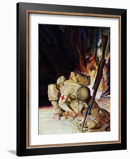 "Medic Treating Injured in Field," March 11, 1944-Mead Schaeffer-Framed Giclee Print