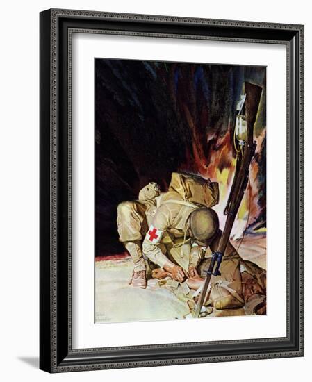 "Medic Treating Injured in Field," March 11, 1944-Mead Schaeffer-Framed Giclee Print