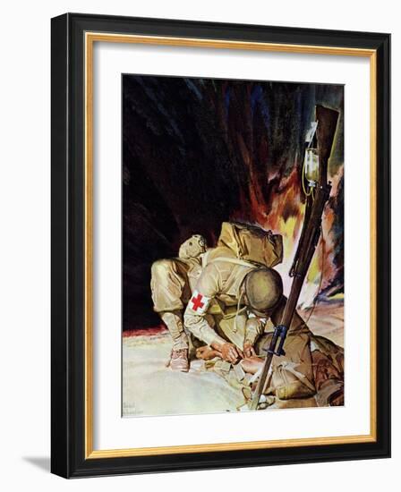 "Medic Treating Injured in Field," March 11, 1944-Mead Schaeffer-Framed Giclee Print