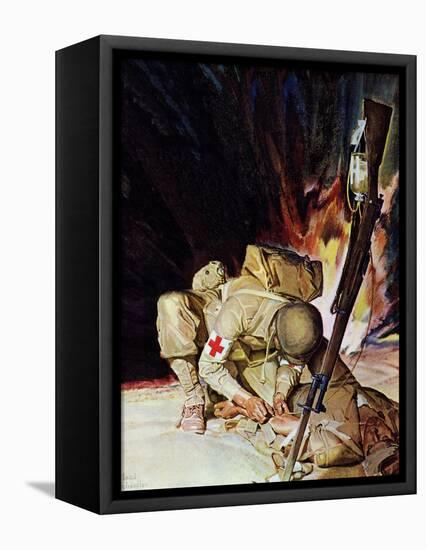 "Medic Treating Injured in Field," March 11, 1944-Mead Schaeffer-Framed Premier Image Canvas