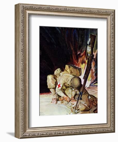 "Medic Treating Injured in Field," March 11, 1944-Mead Schaeffer-Framed Giclee Print