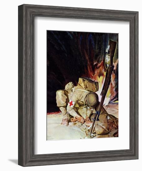 "Medic Treating Injured in Field," March 11, 1944-Mead Schaeffer-Framed Giclee Print