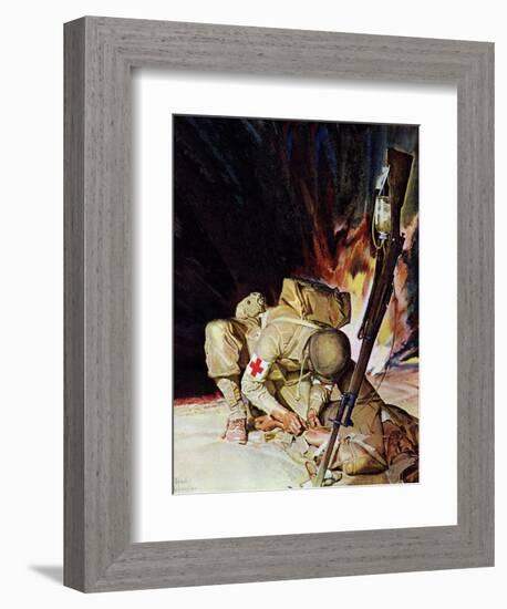 "Medic Treating Injured in Field," March 11, 1944-Mead Schaeffer-Framed Giclee Print