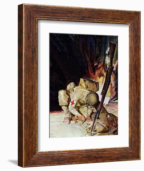 "Medic Treating Injured in Field," March 11, 1944-Mead Schaeffer-Framed Giclee Print