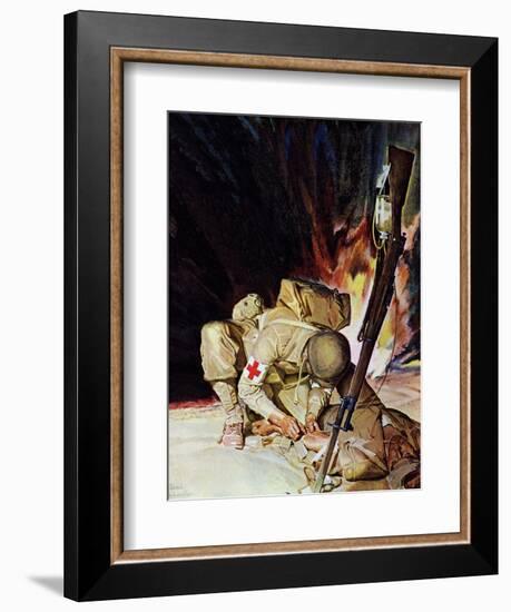 "Medic Treating Injured in Field," March 11, 1944-Mead Schaeffer-Framed Giclee Print