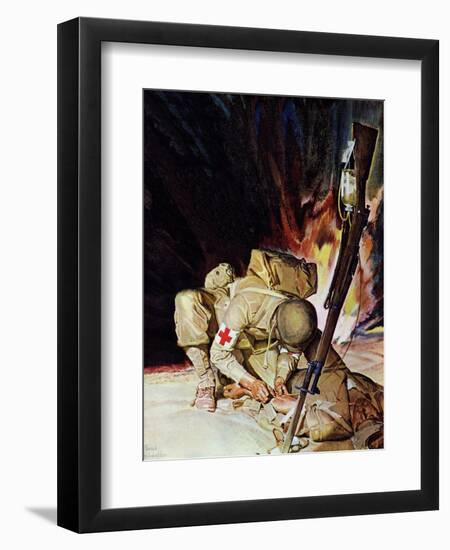 "Medic Treating Injured in Field," March 11, 1944-Mead Schaeffer-Framed Giclee Print