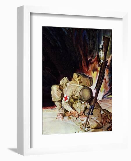 "Medic Treating Injured in Field," March 11, 1944-Mead Schaeffer-Framed Giclee Print