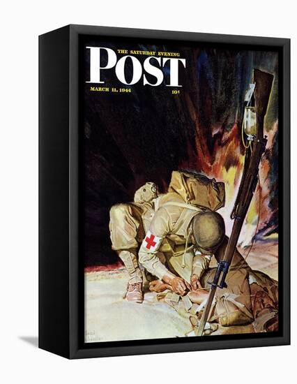 "Medic Treating Injured in Field," Saturday Evening Post Cover, March 11, 1944-Mead Schaeffer-Framed Premier Image Canvas