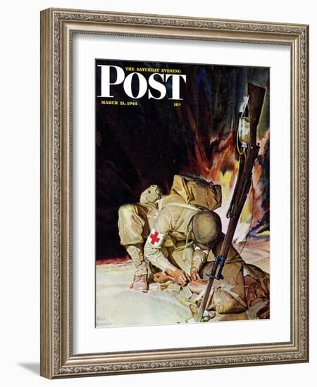 "Medic Treating Injured in Field," Saturday Evening Post Cover, March 11, 1944-Mead Schaeffer-Framed Giclee Print