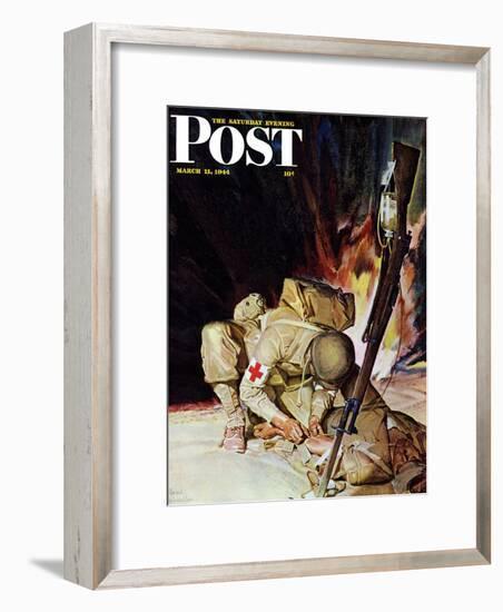 "Medic Treating Injured in Field," Saturday Evening Post Cover, March 11, 1944-Mead Schaeffer-Framed Giclee Print