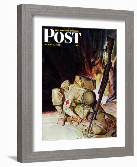 "Medic Treating Injured in Field," Saturday Evening Post Cover, March 11, 1944-Mead Schaeffer-Framed Giclee Print