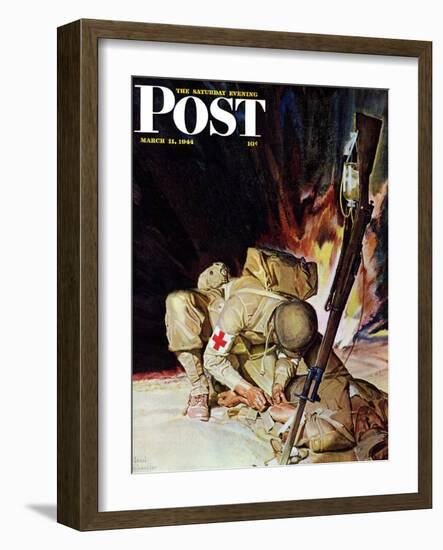 "Medic Treating Injured in Field," Saturday Evening Post Cover, March 11, 1944-Mead Schaeffer-Framed Giclee Print