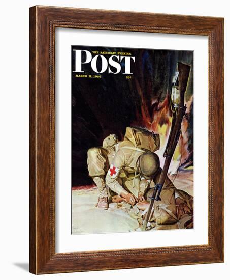 "Medic Treating Injured in Field," Saturday Evening Post Cover, March 11, 1944-Mead Schaeffer-Framed Giclee Print