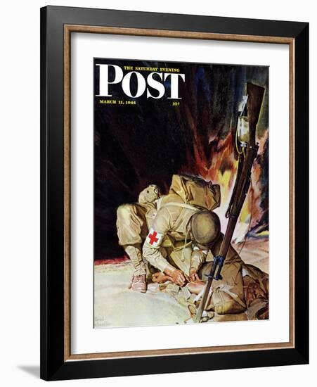 "Medic Treating Injured in Field," Saturday Evening Post Cover, March 11, 1944-Mead Schaeffer-Framed Giclee Print