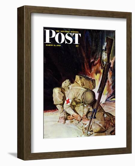 "Medic Treating Injured in Field," Saturday Evening Post Cover, March 11, 1944-Mead Schaeffer-Framed Giclee Print