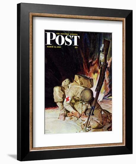 "Medic Treating Injured in Field," Saturday Evening Post Cover, March 11, 1944-Mead Schaeffer-Framed Giclee Print