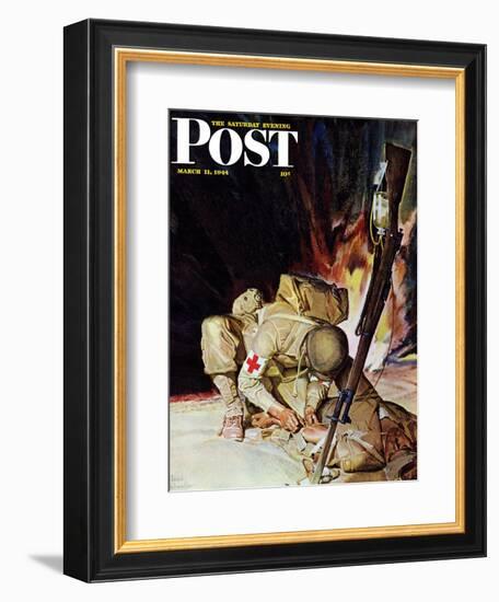 "Medic Treating Injured in Field," Saturday Evening Post Cover, March 11, 1944-Mead Schaeffer-Framed Giclee Print