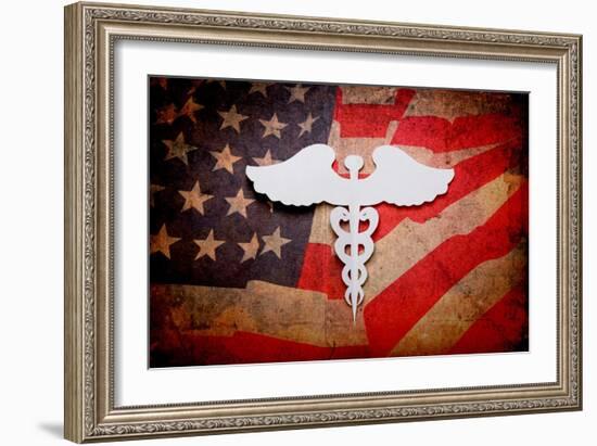 Medical Background, Vintage Paper Cut Of Caduceus Medical Symbol With Copy Space For Text Or Design-jannoon028-Framed Art Print